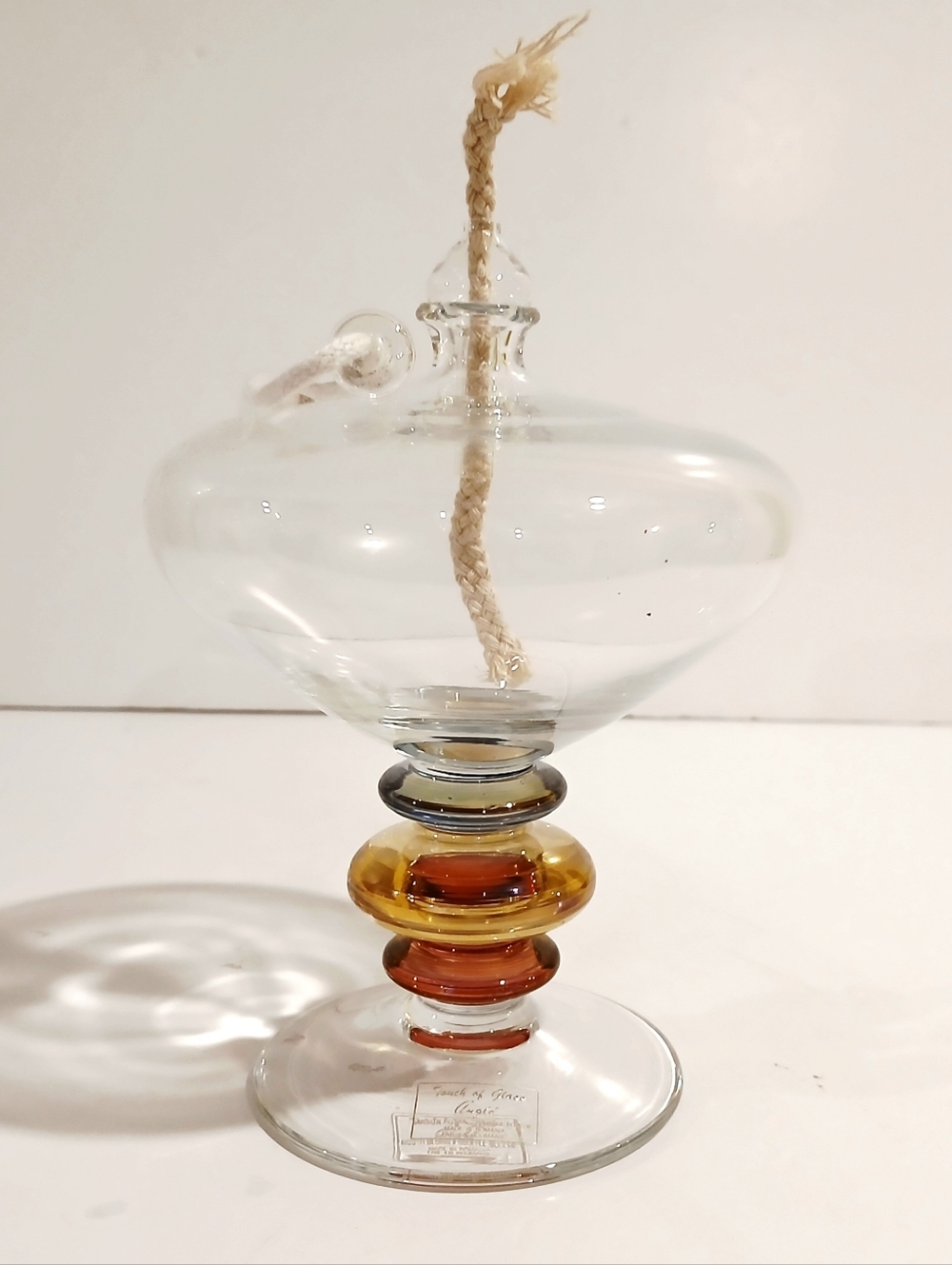 Glass Oil Lamp with Amber and Smoke Ring Accents